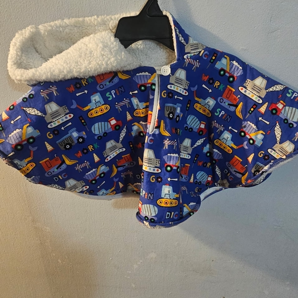 Blue Construction-Themed Kids Poncho Cape CarseatBlanket Cover Hood Boutique Boy